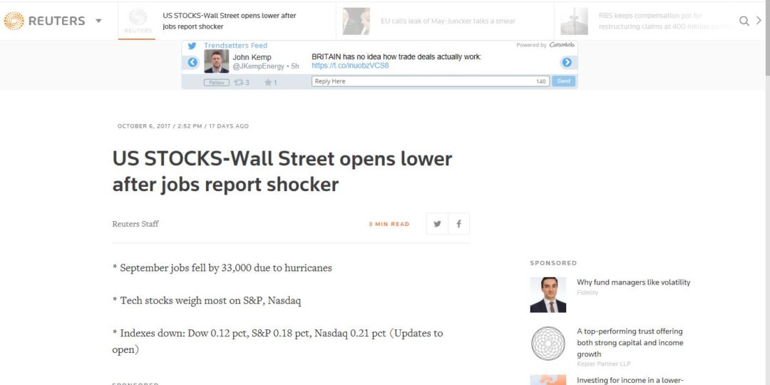 US STOCKS-Wall Street opens lower after jobs report shocker